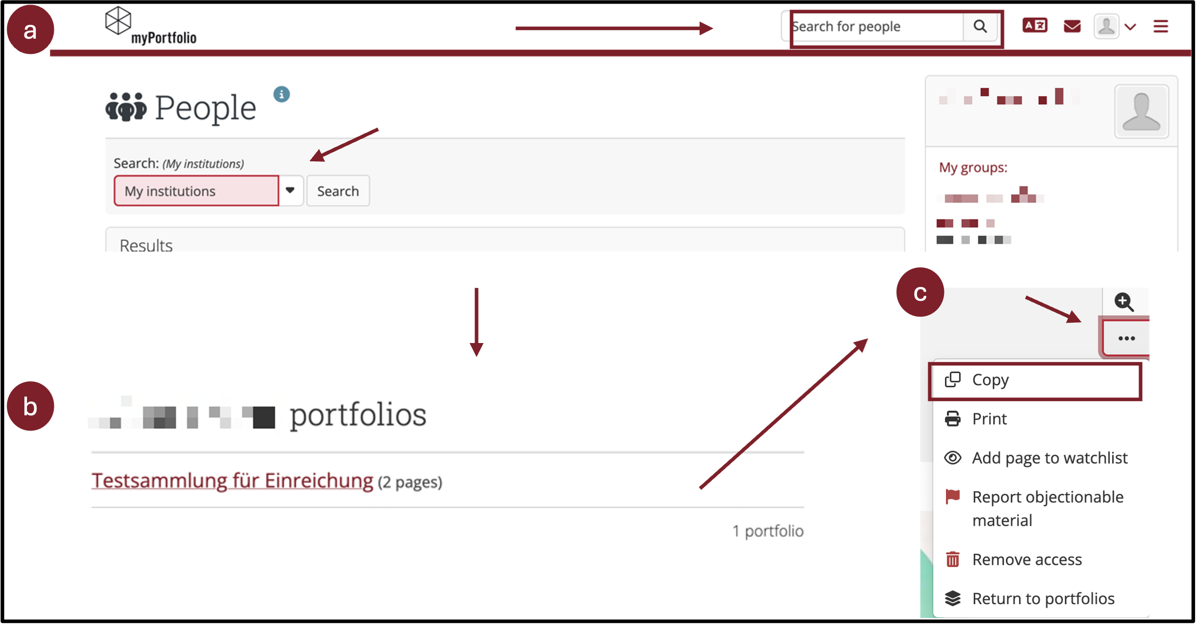 Copying portfolio templates shared with you via the profile page of the person who created them