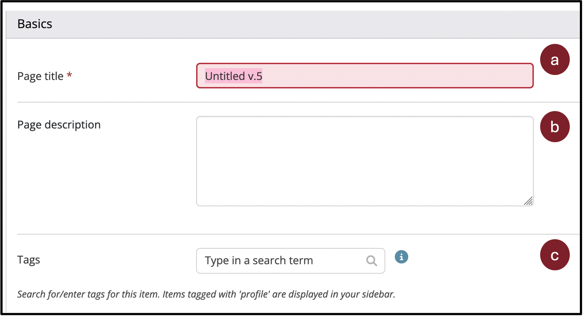 Assigning titles, descriptions, and tags during the page creation process