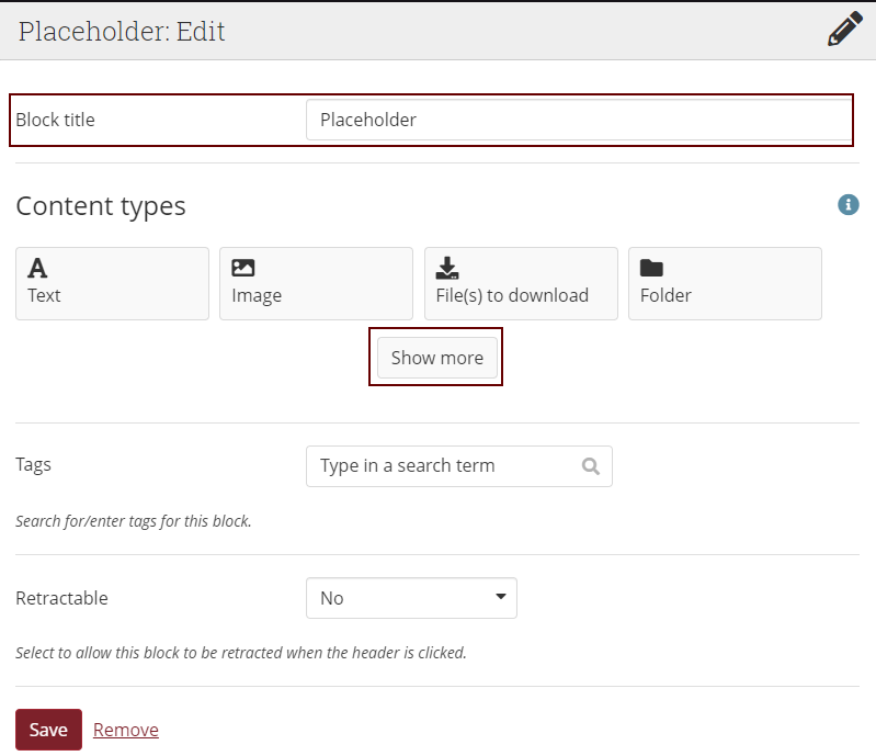Inserting a block (placeholder) on a page