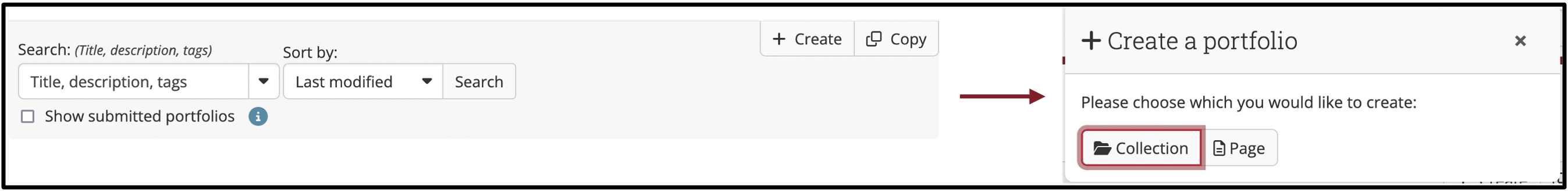 Create a page or collection using the “Create” button