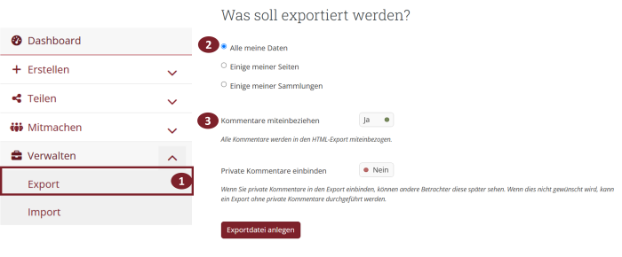 Export über das ausklappbare Burgermenü: Einstellungen bezüglich Datenumfang und Umgang mit Kommentaren beim Export