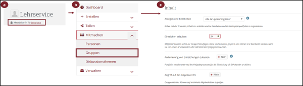 Schritte um Einreichungen in einer Gruppe zu erlauben: Nur möglich als Institutionsmitarbeiter/in, Über dem Burgermenü-Punkt "Gruppen", in den Gruppeneinstellungen der zweite Punkt unter "Inhalt"