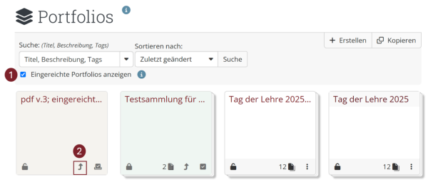 Ansicht von mir eingereichter Portfolios: Unter "Portfolios", Chekbox unter der Suchleiste ""Eingereichte Portfolios anzeigen"